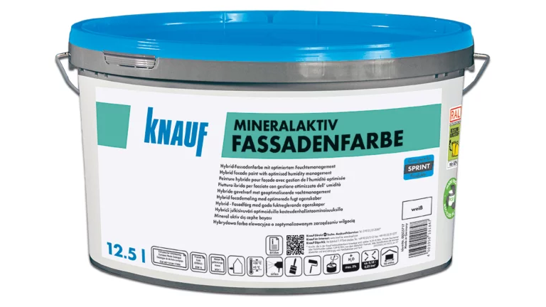 Knauf Mineralaktiv Fassadenfarbe in Eimer, weiß.